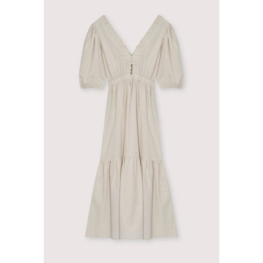 The New Society Peach Linen Puff Sleeve Tiered Midi Dress XS